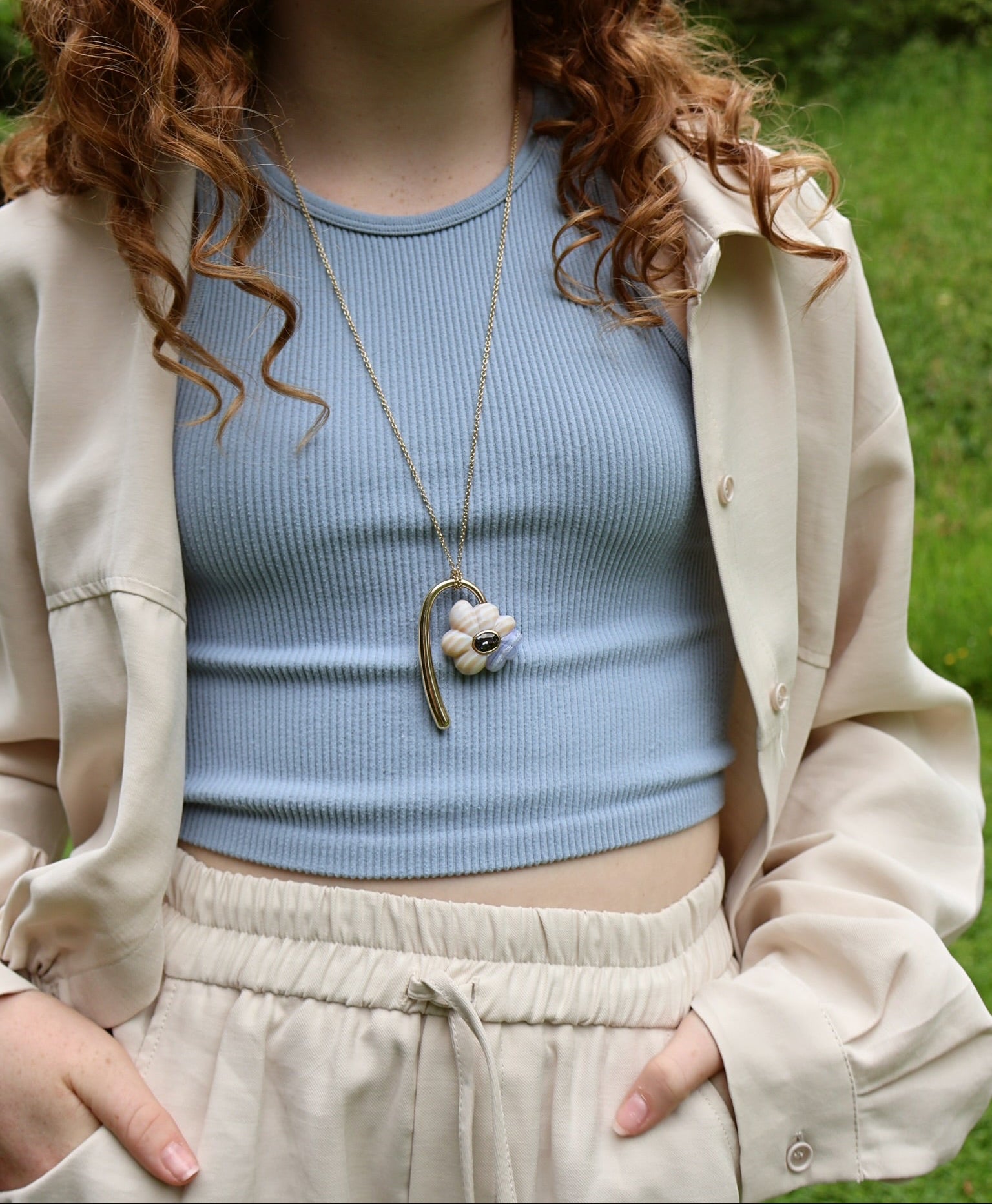 14k yellow gold one of a kind striped agate and opal bonded flower pendant with blue spinel and a chain necklace by Retrouvai Tiny Gods