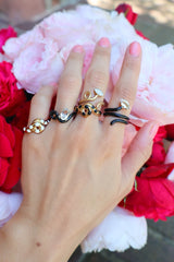 9k yellow gold and silver marquis rock crystal black enamel long vine ring by Bea Bongiasca Tiny Gods