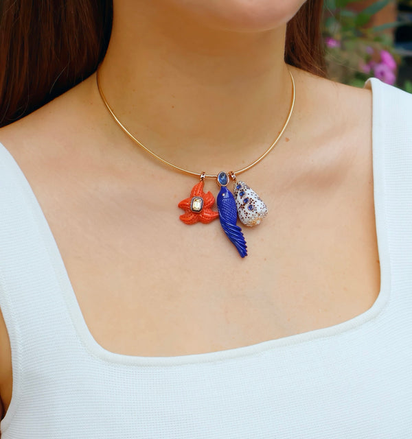 18k rose gold long tail carved lapis fish with kyanite by Dezso Tiny Gods