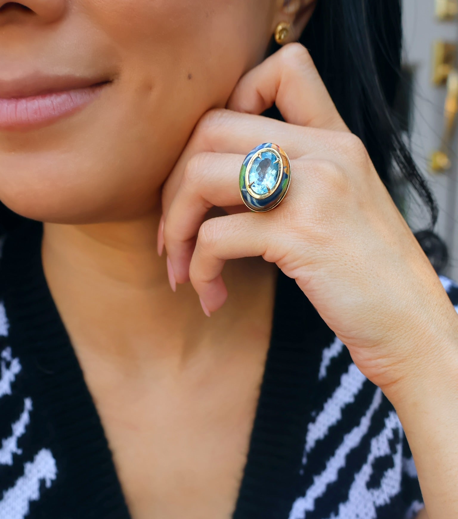 18k yellow gold blue topaz domes floral marquetry ring by Silvia Furmanovich Tiny Gods 