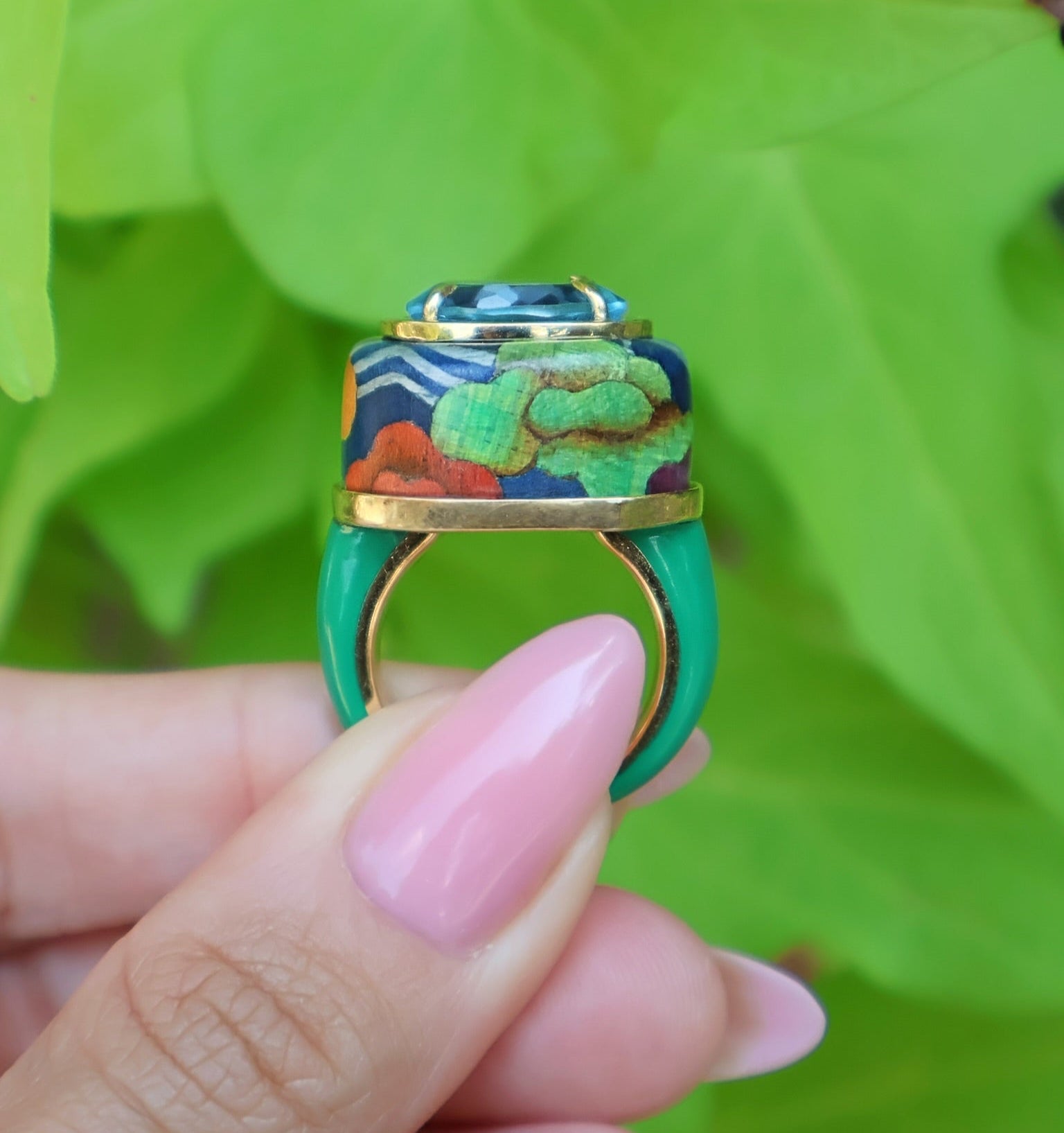18k yellow gold blue topaz domes floral marquetry ring by Silvia Furmanovich Tiny Gods 