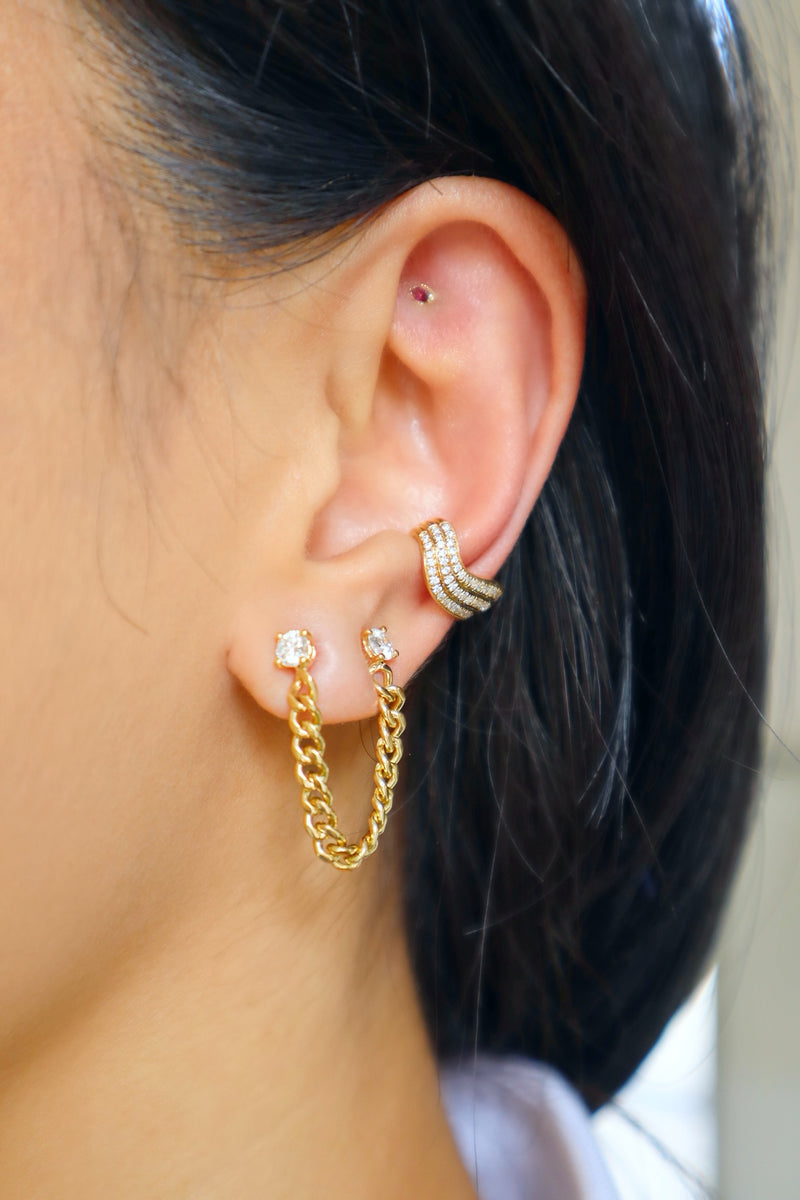 Cuban Link Double Piercing Stud by Anita Co Round diamond stud with chain earring Tiny Gods on model