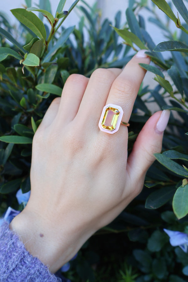 18k yellow gold emerald cut citrine ring with pink enamel border by Goshwara Tiny Gods