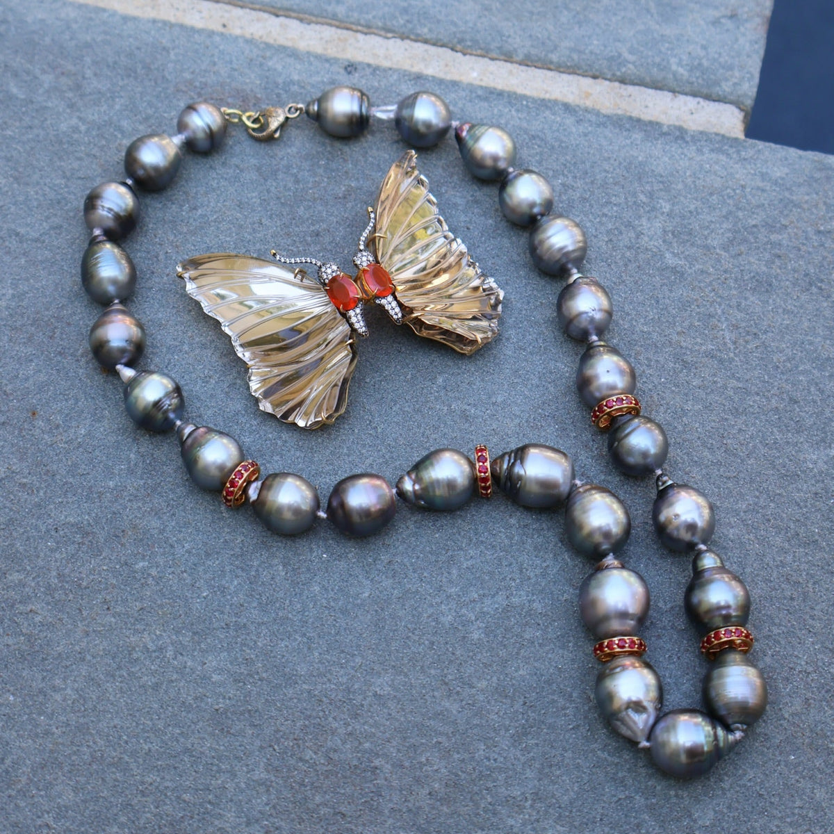 Fire Opal, Diamond & Carved Smoked Mirror Butterfly Earrings Silvia furmanovich tiny gods 