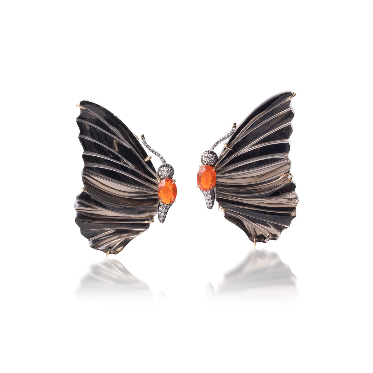 Fire Opal, Diamond & Carved Smoked Mirror Butterfly Earrings Silvia furmanovich tiny gods 