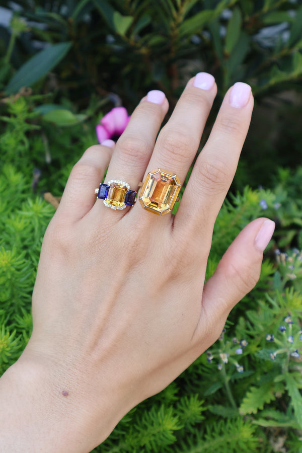 18k yellow gold melange emerald cut citrine and tiger's eye ring by Goshwara Tiny Gods