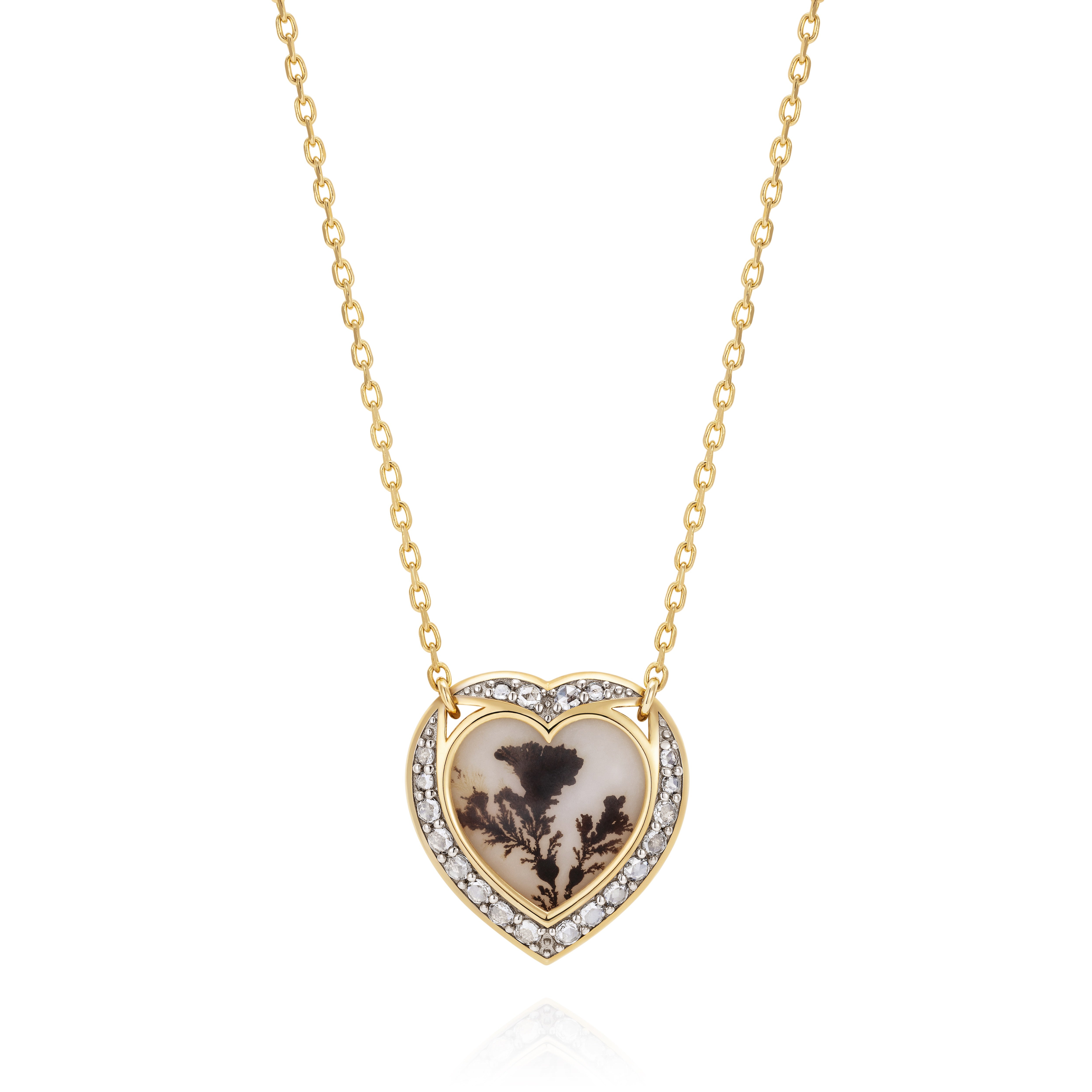 18k yellow gold diamond dryada heart necklace frame dendritic agate pendant necklace by Venyx Tiny Gods 