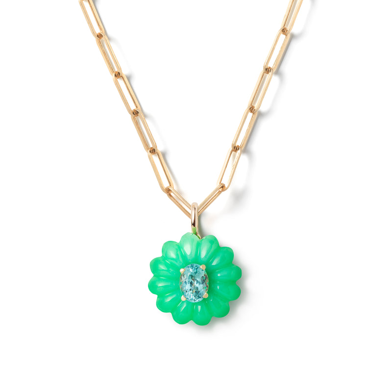 14k yellow gold Small Chrysoprase  & Apetite Hura Pendant flower necklace green and blue by Sophie Joanne tiny Gods