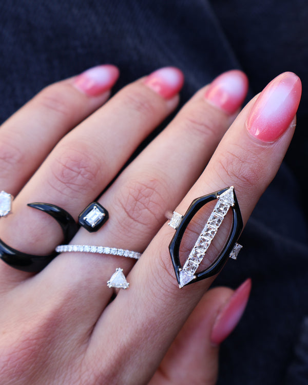 18k white gold Oui open marquis diamond ring with black enamel by Nikos Koulis Tiny Gods
