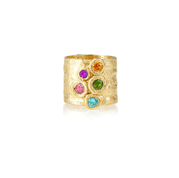 Genevieve ring 14k yellow gold sapphires rene barnes Tiny gods wide band with rainbow sapphires handmade one of a kind at tiny gods