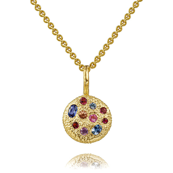 14K yellow gold disc pendant necklace Hollywood II rainbow sapphire one of a kind rene barnes at tiny gods