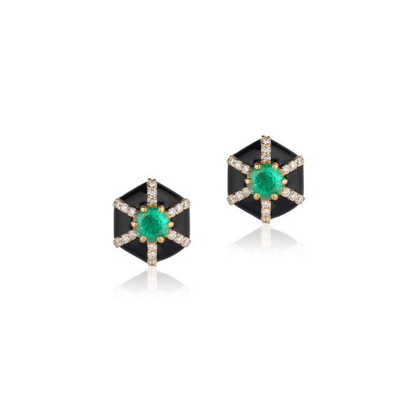 Black Enamel and Emerald Hexagon "Queen" Stud