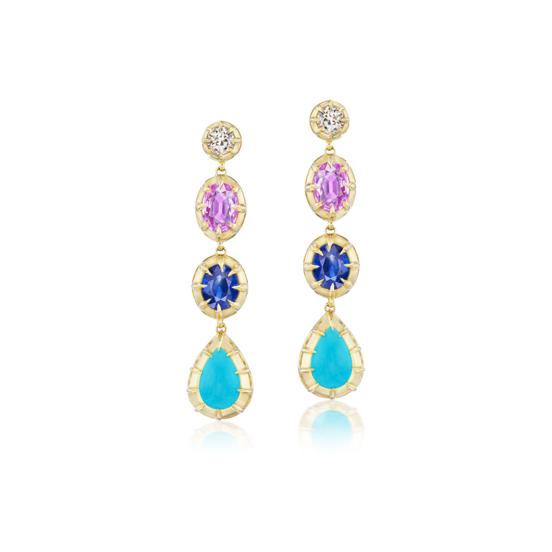 18k yellow gold four drop gemstone diamond statement earrings by Jenna Blake at tiny gods sapphire turquoise bezel prong