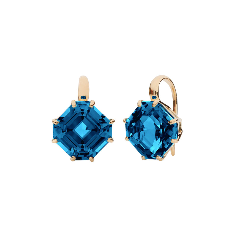 18k yellow gold London blue topaz asscher cut drop earrings on French wires by goshwara tiny gods