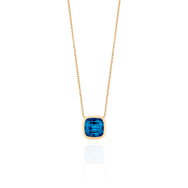 18k yellow gold cushion cut blue topaz pendant with double bezel on chain necklace by Goshwara Tiny Gods