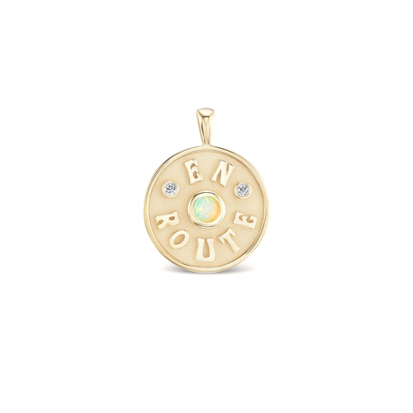 14k yellow gold diamond and opal medium En Route round pendant by Marlo Laz Tiny Gods