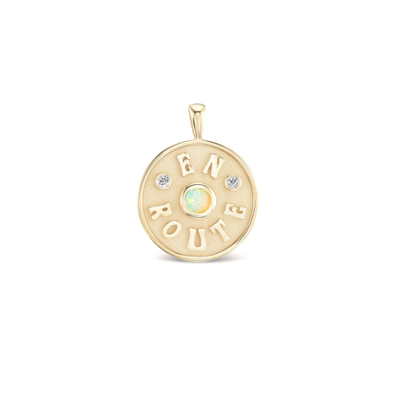 14k yellow gold diamond and opal medium En Route round pendant by Marlo Laz Tiny Gods