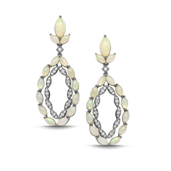 18k white gold and black rhodium double loop opal and diamond earrings by Goshwara Tiny Gods