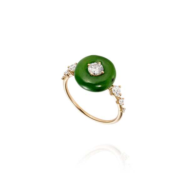 18k yellow gold nephrite green jade orbit ring with diamonds by Fernando Jorge Tiny Gods