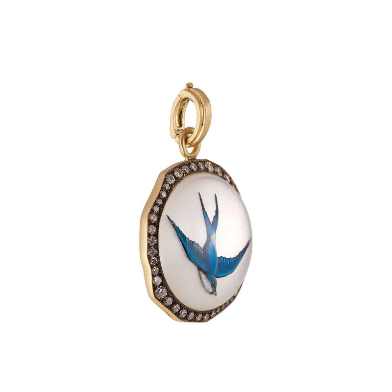 18k yellow gold and diamond rock crystal pendant with bird enamel Sylva & Cie at Tiny Gods