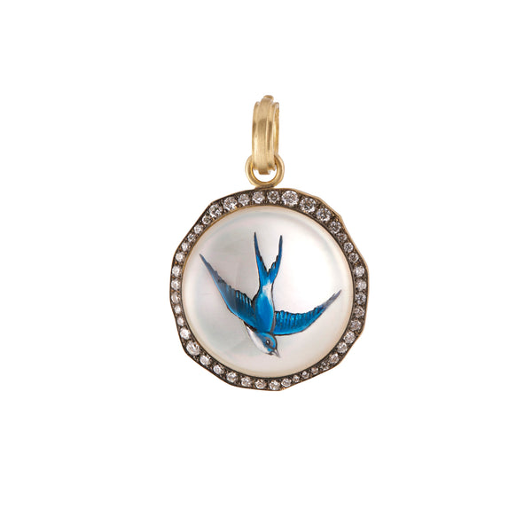 18k yellow gold and diamond rock crystal pendant with bird enamel Sylva & Cie at Tiny Gods