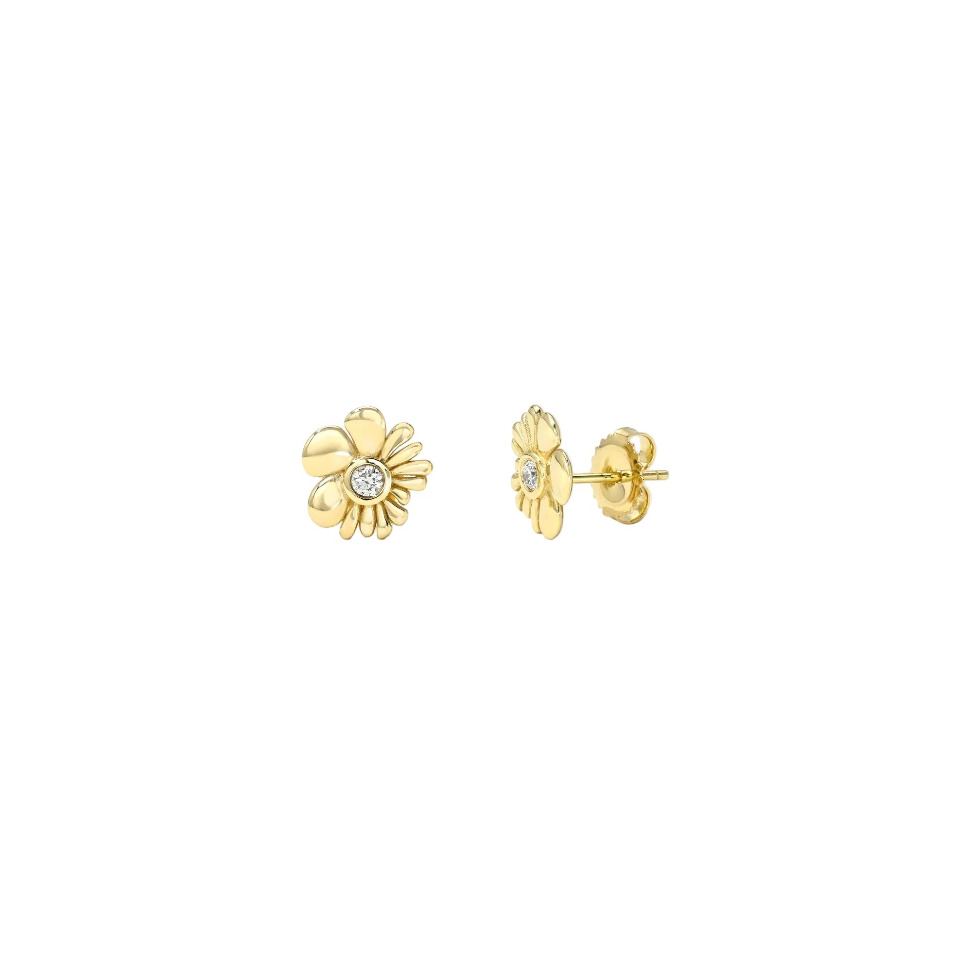 petite bonded flower studs yellow gold retrouvia tiny gods 