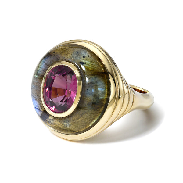 18k yellow gold petite rhodolite garnet lollipop ring in hand carved labradorite by Retrouvai Tiny gods