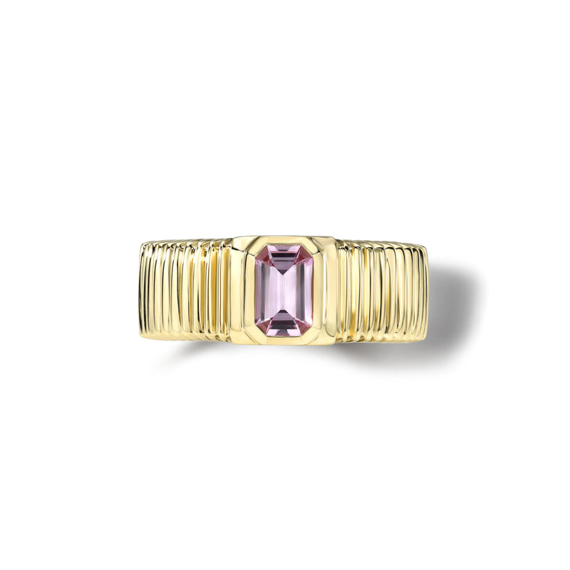 14k yellow gold pink sapphire pleated heirloom brand ring by Retrouvai Tiny Gods