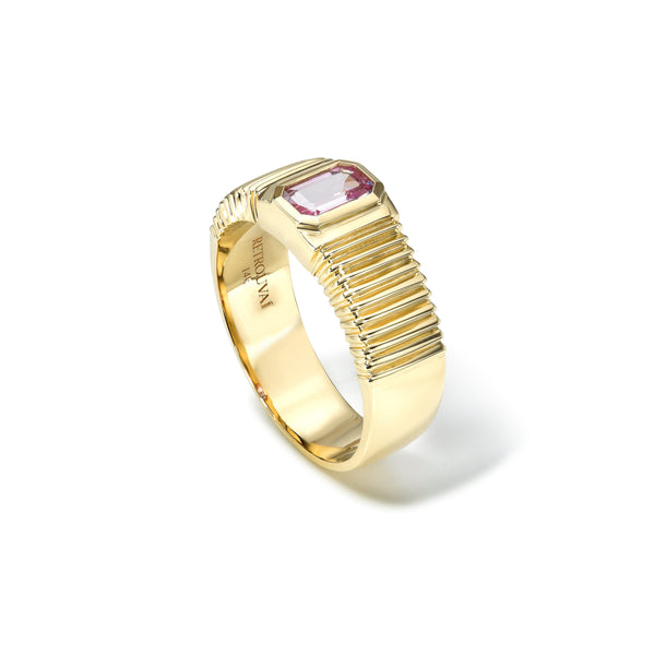 14k yellow gold pink sapphire pleated heirloom brand ring by Retrouvai Tiny Gods