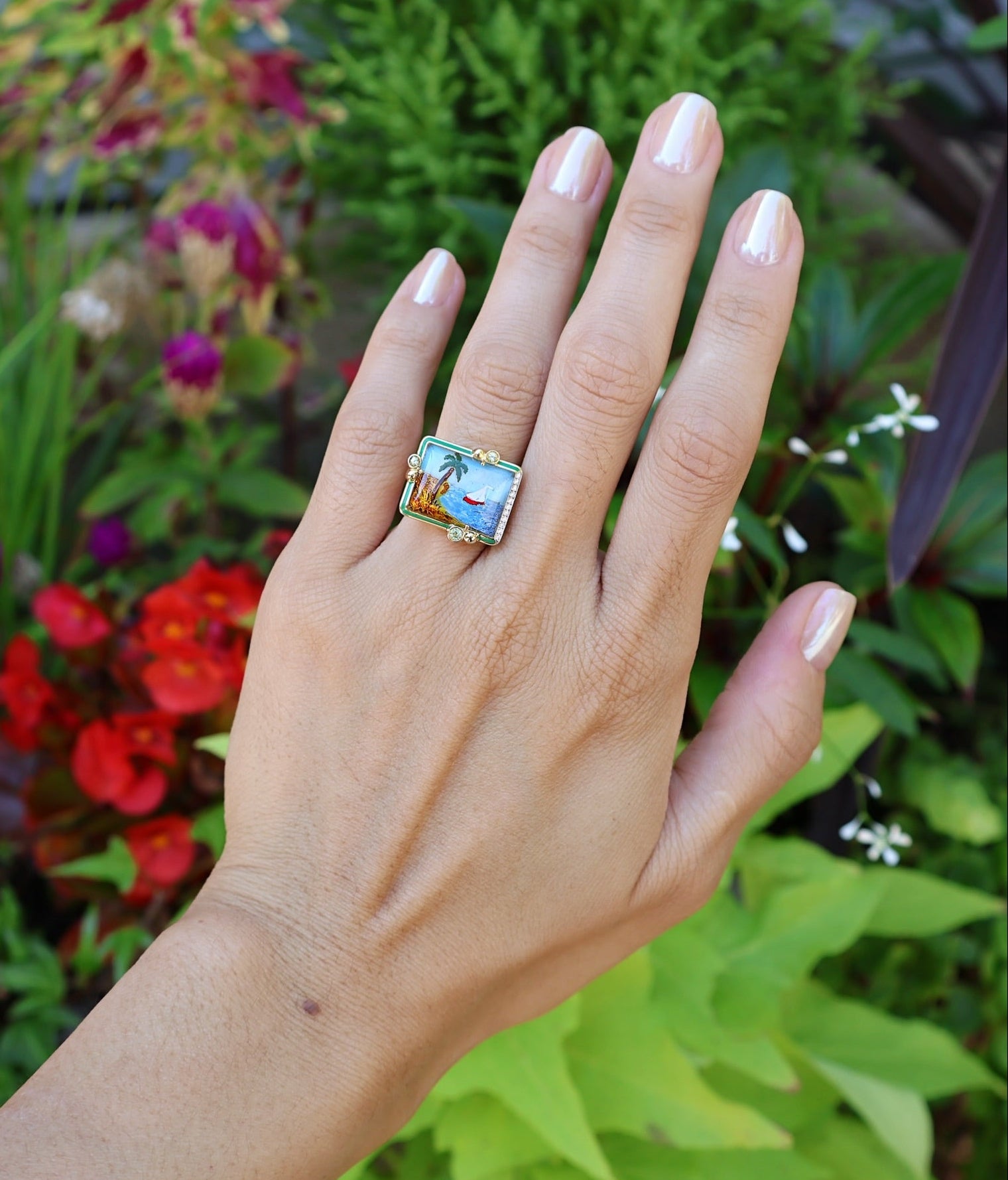 18k yellow gold rectangular Essex crystal hand painted island riviera red sailboat palm tree oasis ring by Francesca Villa Tiny Gods 