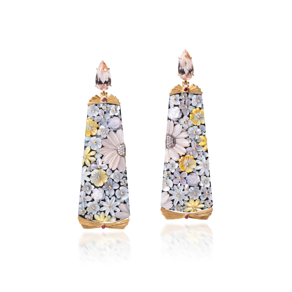 Silvia Furmanovich Shibayama drop earrings with morganite, carved mother-of-pearl flowers, diamonds and 18k yellow gold
