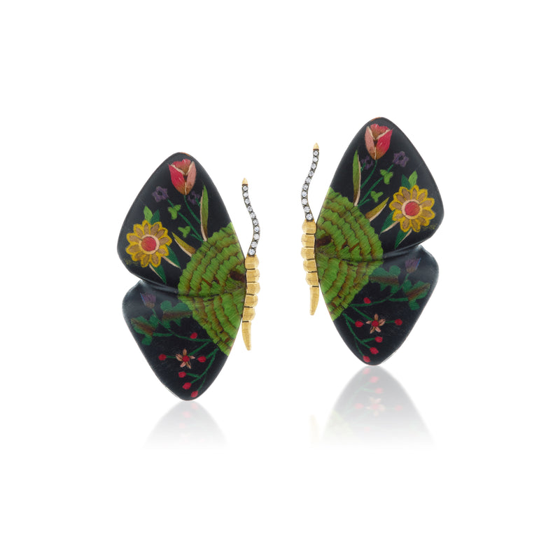 18k yellow gold medium black and green butterfly marquetry earrings by Silvia furmanovich Tiny Gods