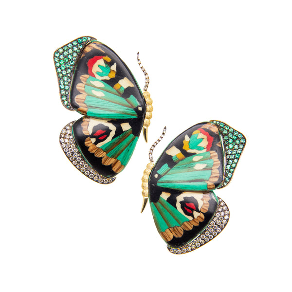 18K yellow gold emerald and diamond Butterfly Earrings by Silvia Furmanovich green red brown black tiny gods
