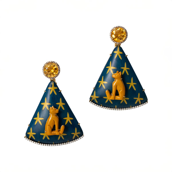 Citrine Egypt navy blue marquetry earrings with carved jasper Bastat pharaoh cat by Silvia Furmanovich Tiny Gods
