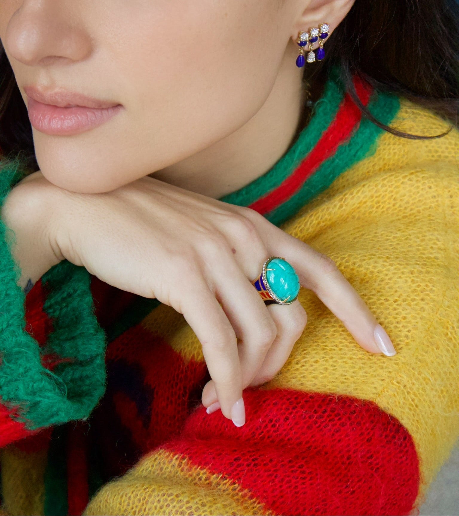 18k yellow gold hand painted red and blue enamel carved scarab Egypt ring by Silvia Furmanovich Tiny Gods 