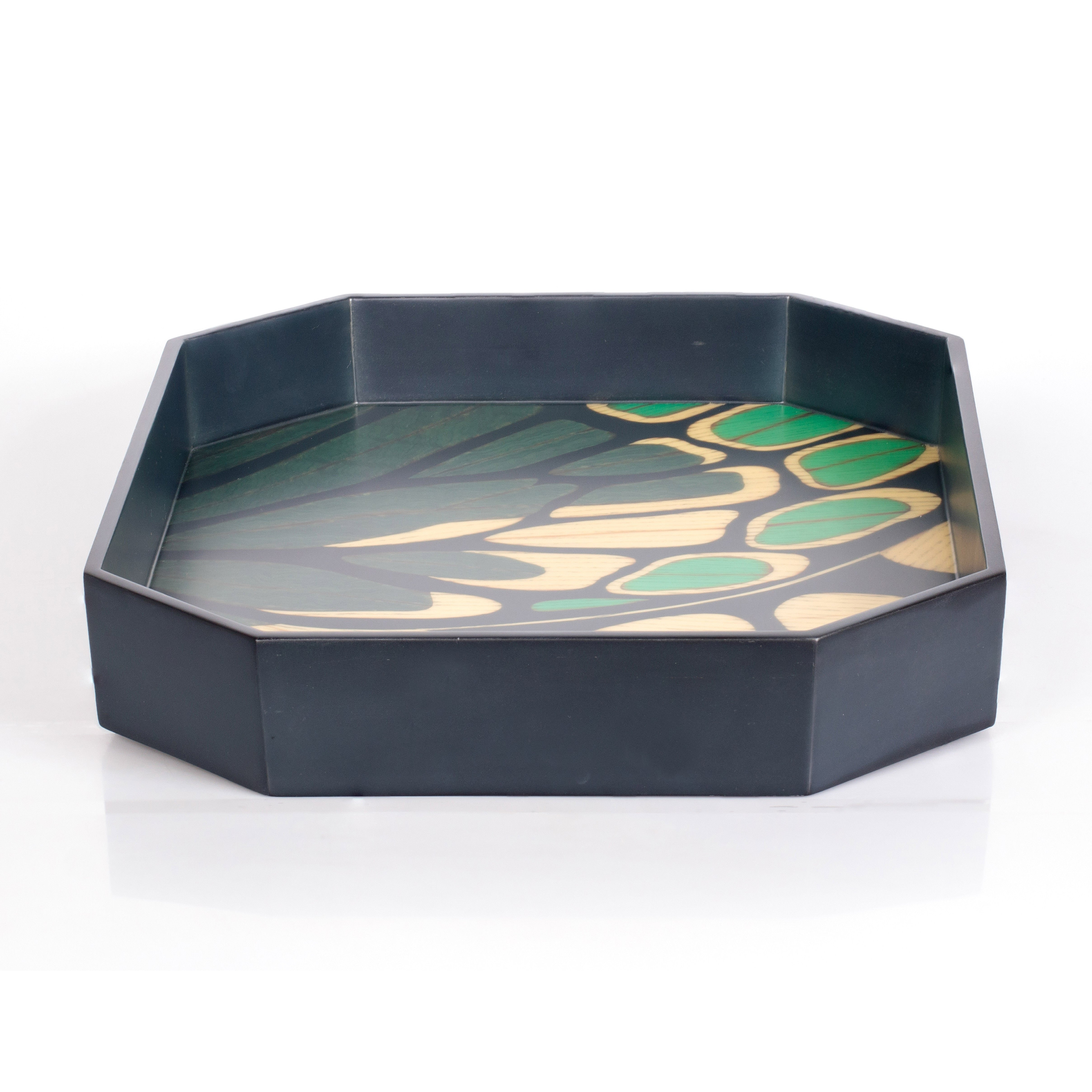 Silvia Furmanovich home collection blue marquetry tray with butterfly motif at tiny gods side view