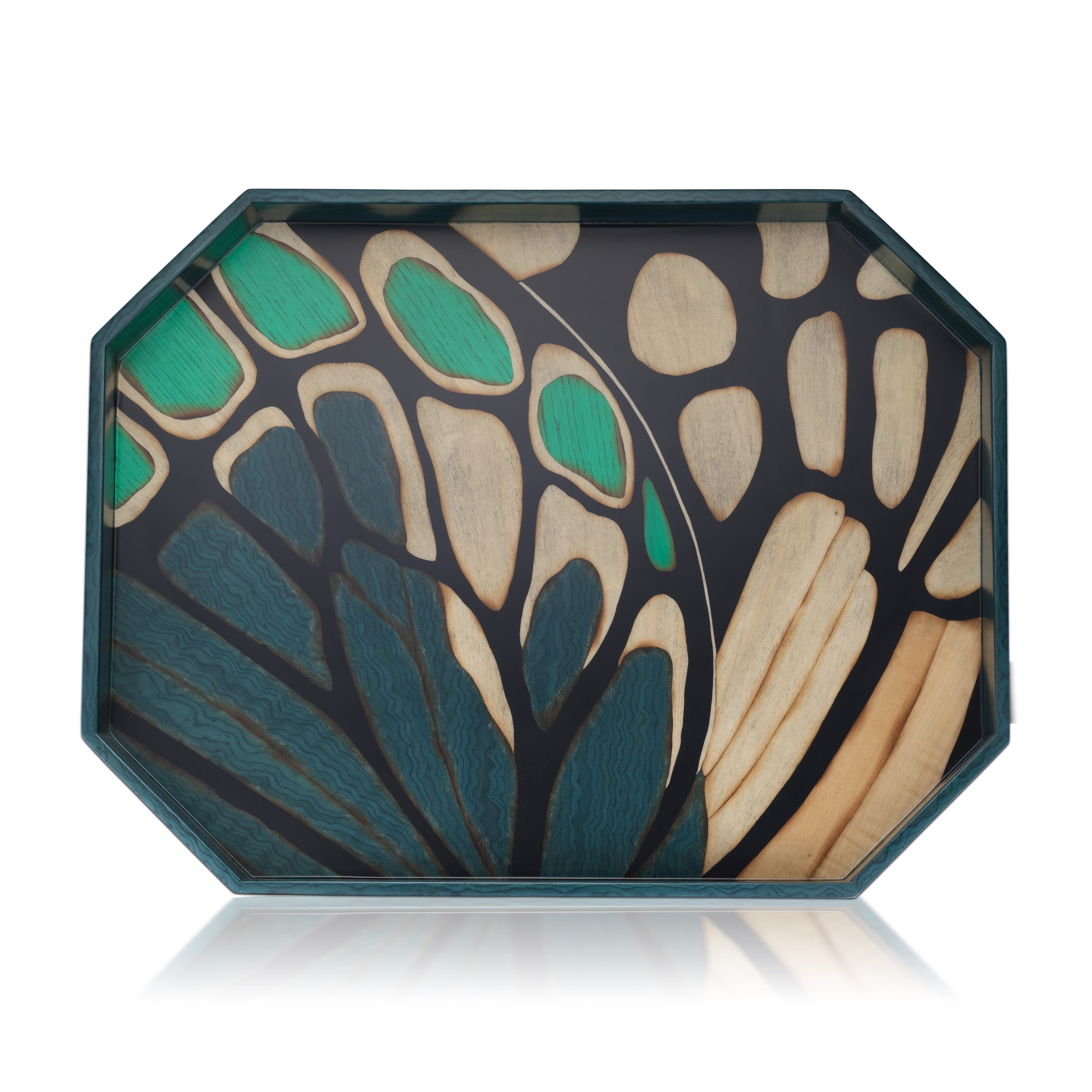 Silvia Furmanovich home collection blue marquetry tray with butterfly motif at tiny gods