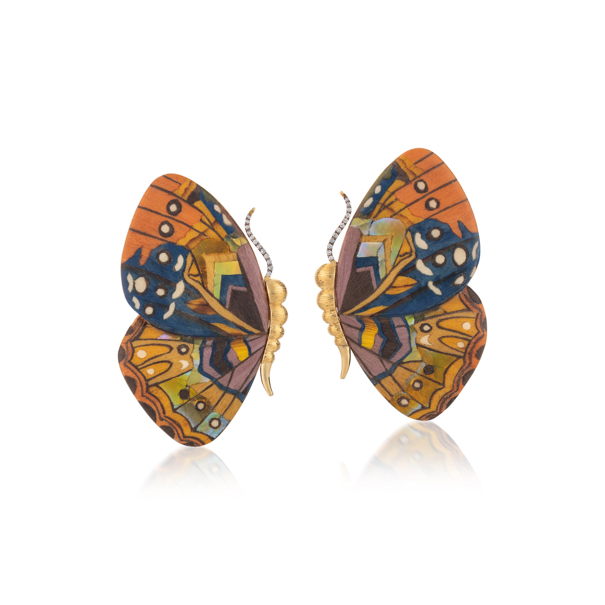 Silvia Furmanovich Tiny Gods large multicolor butterfly marquetry earrings yellow gold diamonds