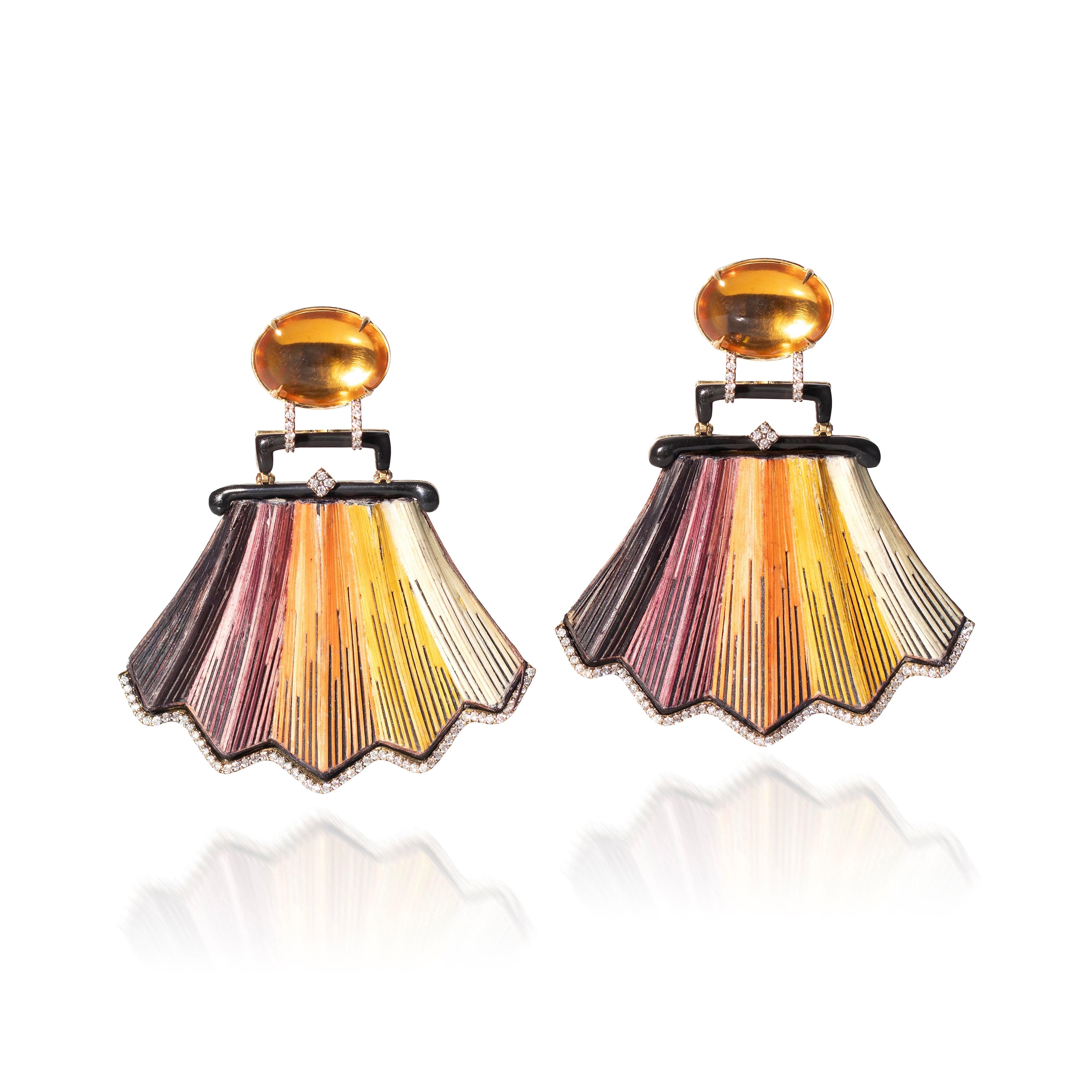 Straw Marquetry Fan Earrings with Citrines Silvia Furmanovich tiny gods 