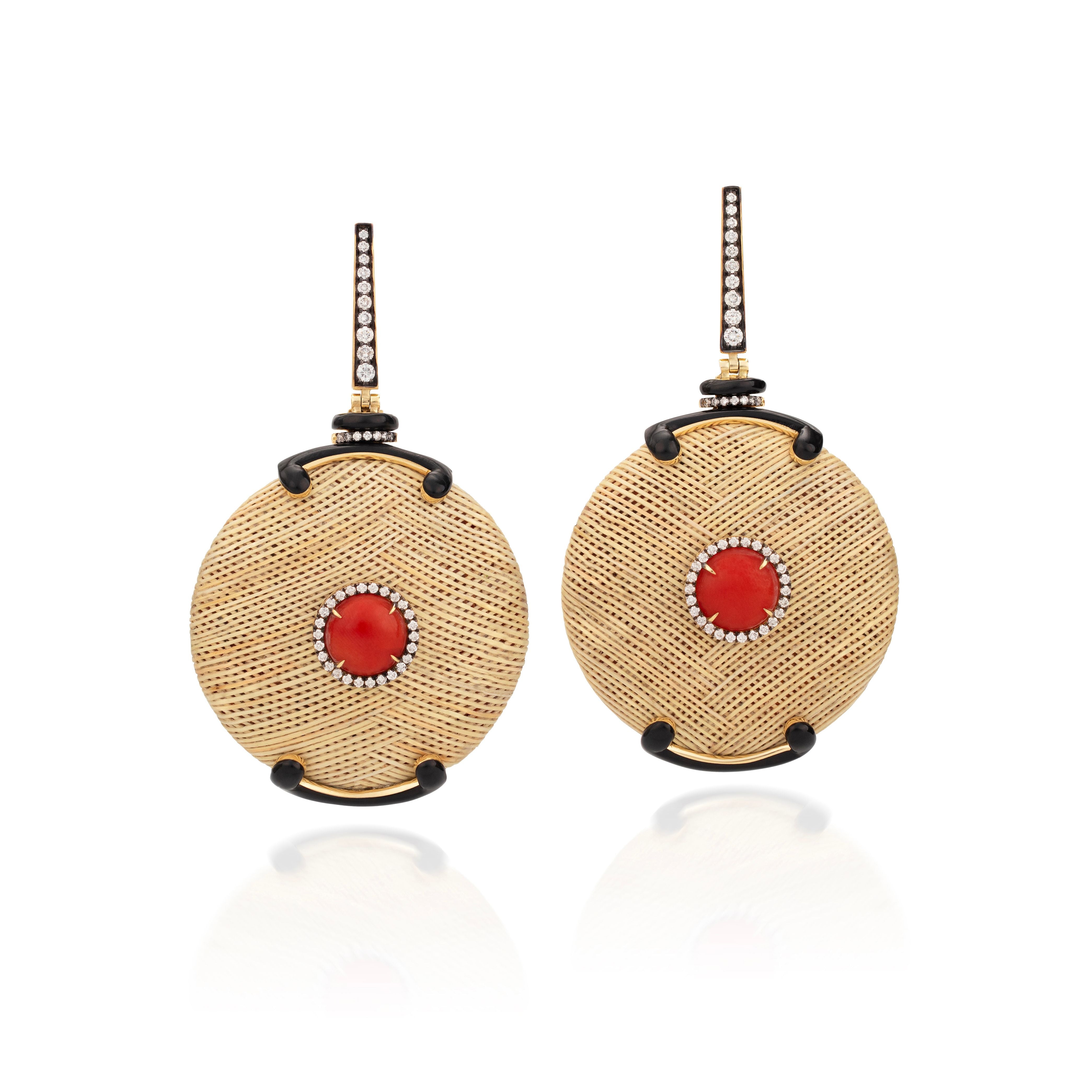 Straw Marquetry Japanese Mirror Earrings with Coral Silvia Furmanovich tiny gods 