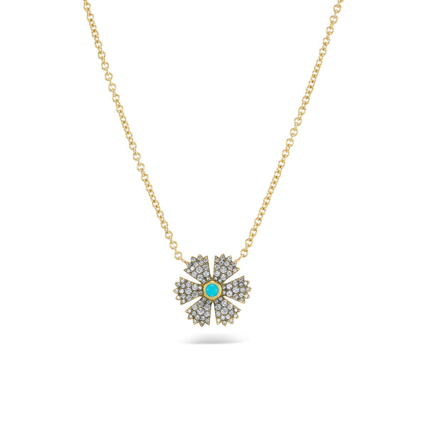 18k yellow gold mini diamond flower pendant with turquoise center by Sylva & Cie Tiny Gods