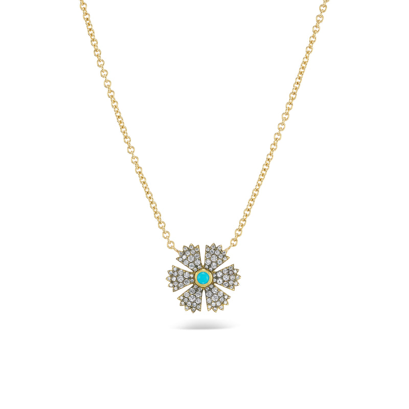 18k yellow gold mini diamond flower pendant with turquoise center by Sylva & Cie Tiny Gods