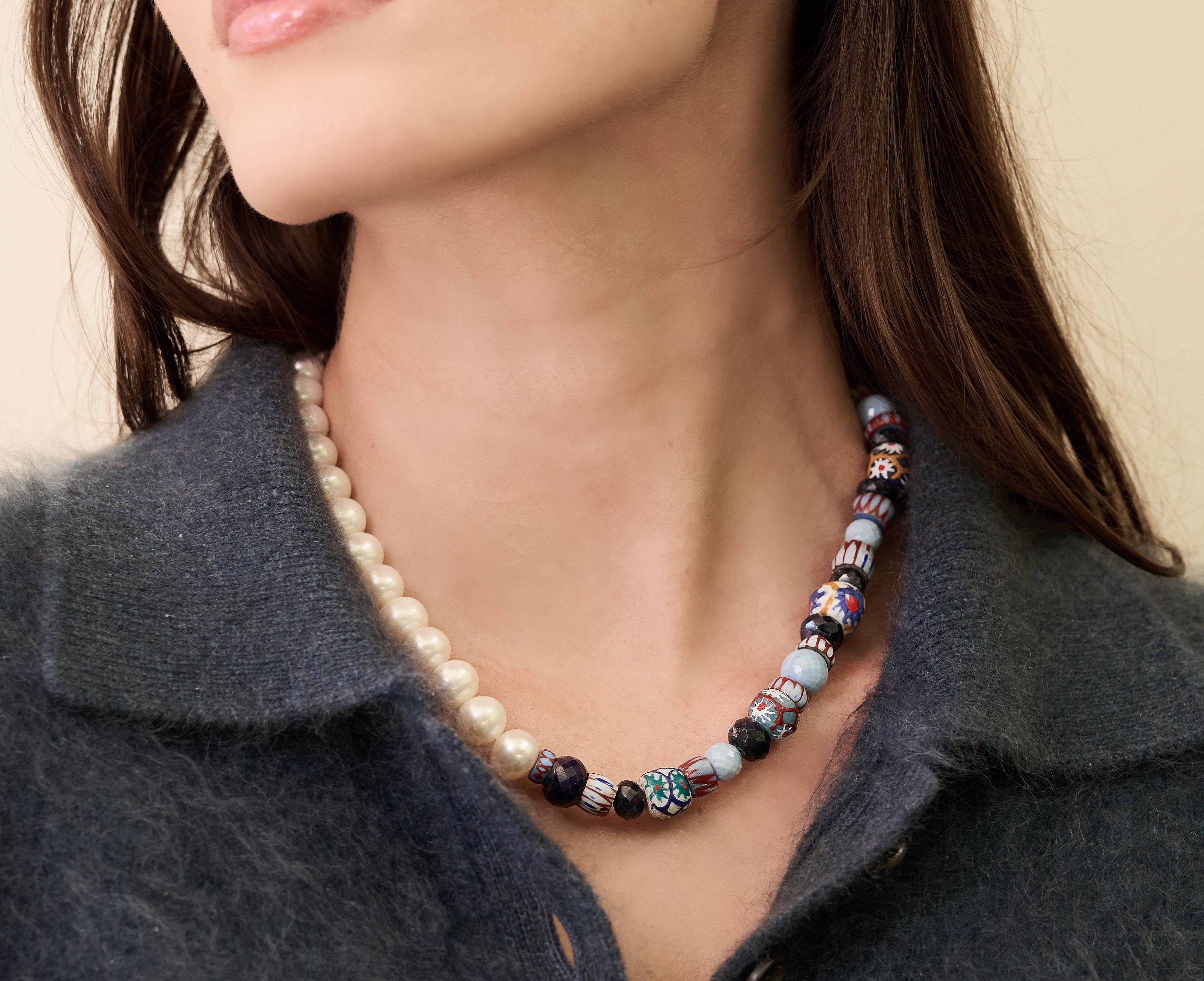 Pearl, Opal, Millefiori & Sapphire Bead Necklace