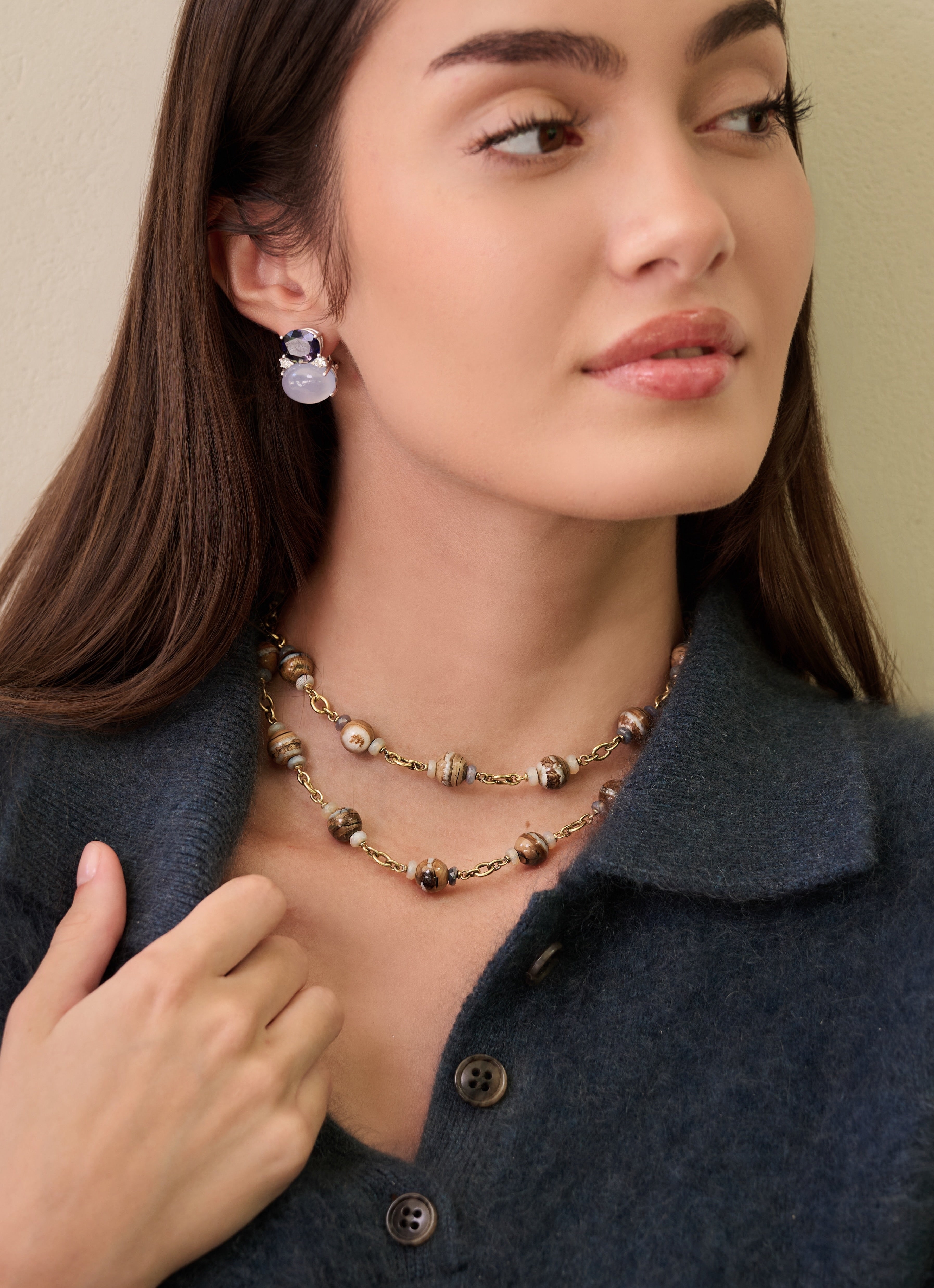 18k yellow gold beaded chain confetti necklace by Sylva Cie at Tiny Gods on model