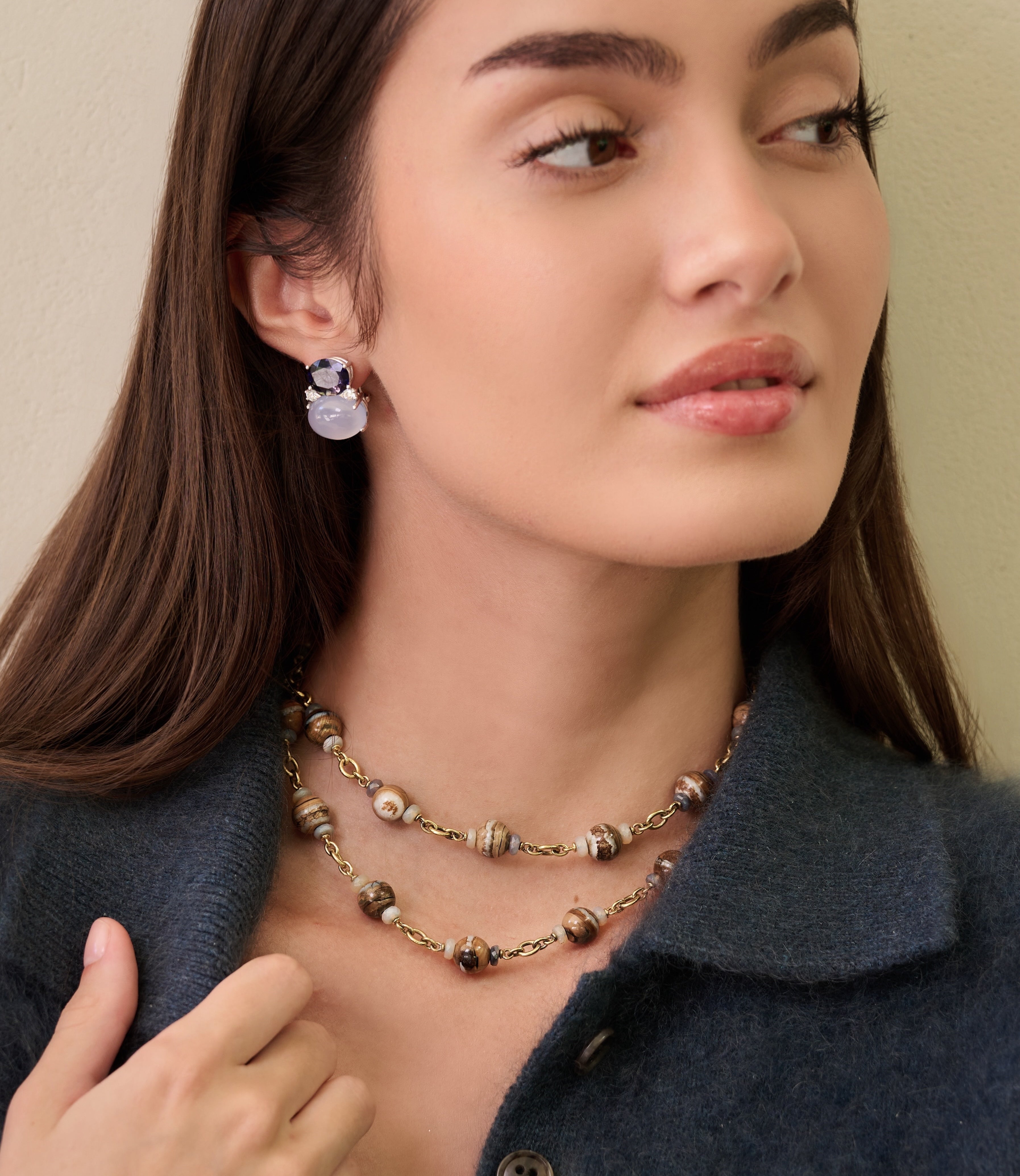 Chalcedony & Iolite Earrings with Diamonds