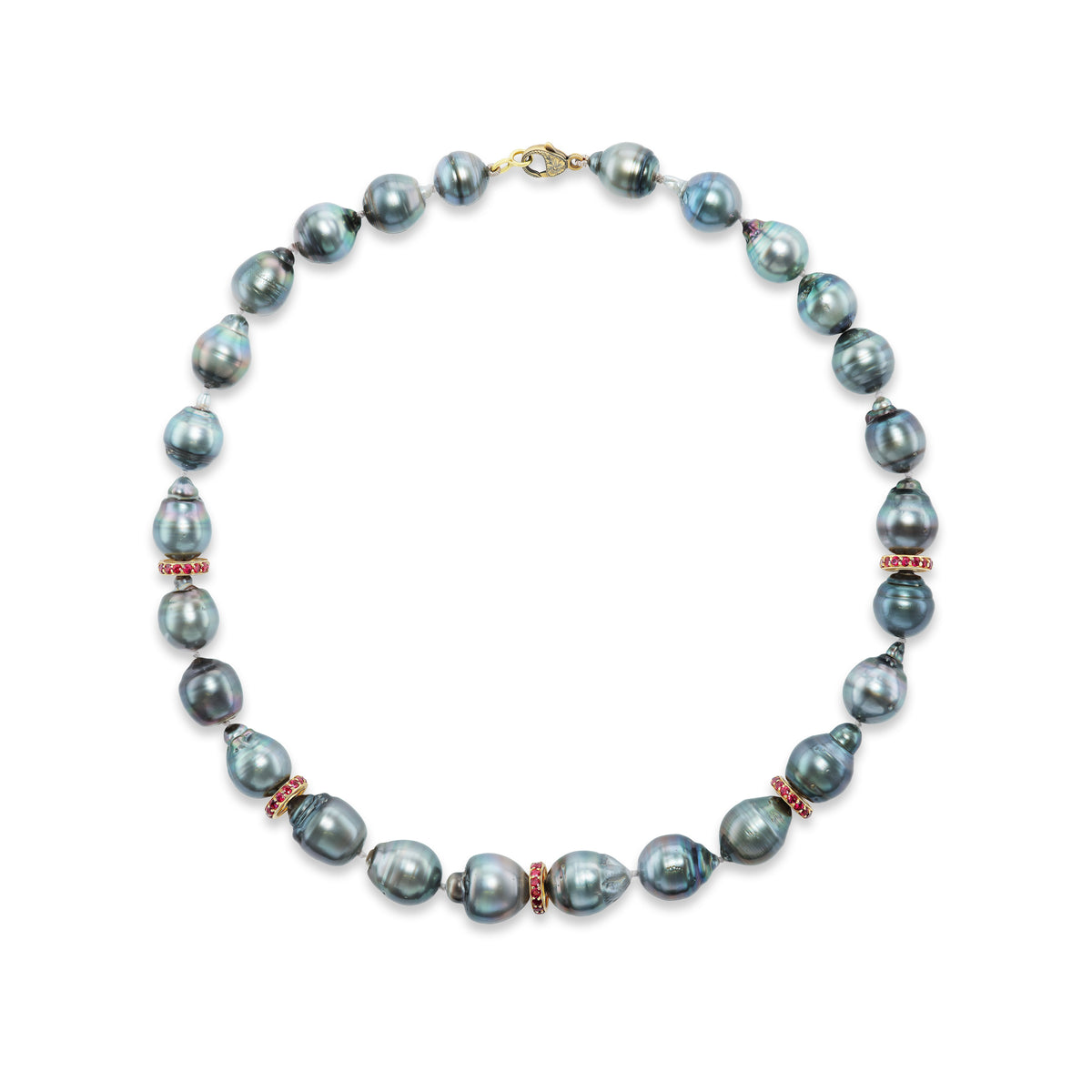 Tahitian Pearl Necklace with Ruby rondelle beads and 18k yellow gold by Sylva & Cie