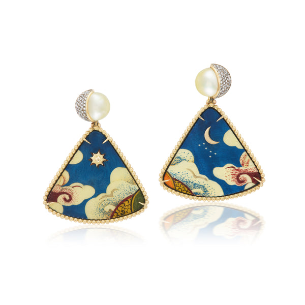 18k yellow gold pearl and diamond wooden Tibetan sky print marquetry earrings tiny gods silvia furmanovich at Tiny Gods