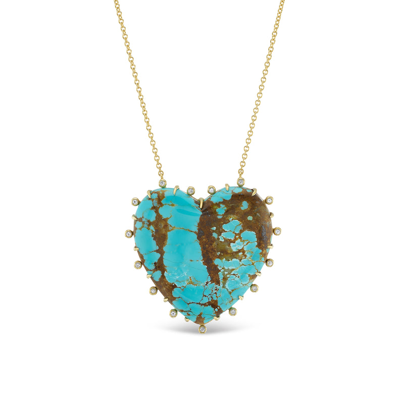 18K yellow gold Medium Turquoise Heart Pendant with Diamond Border with chain Tiny Gods