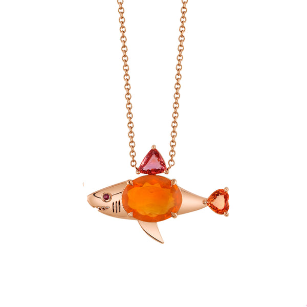 18k rose gold tiburoncillo fire opal shark pendant necklace by Daniela Villegas Tiny Gods