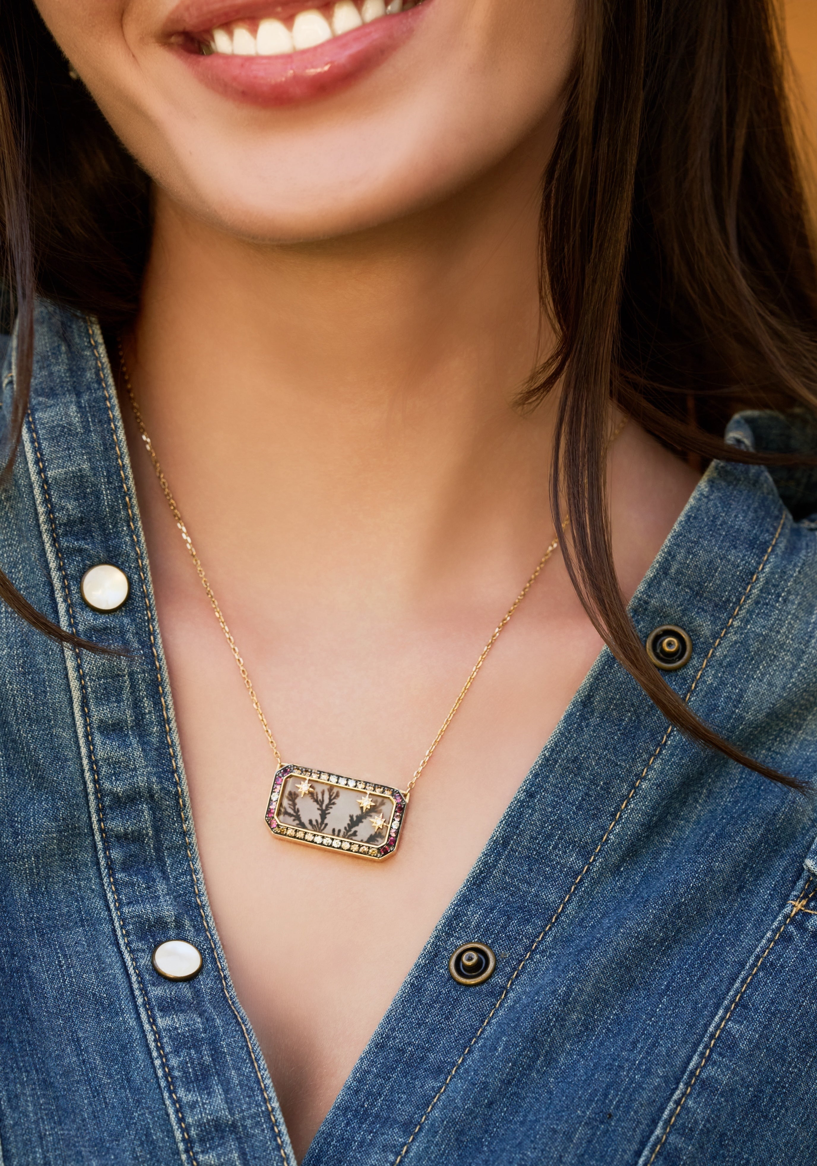 18k yellow gold dendritic agate Daphne rectangular pendant with diamonds, pink sapphires and stars on a chain by Venyx Tiny Gods 